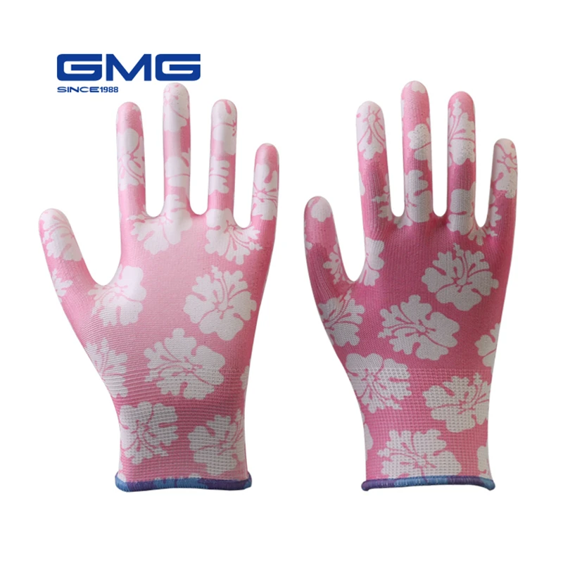 

Garden Gloves GMG Printed Polyester Shell White PU Coating Safety Work Gloves Women's Working Gloves Women