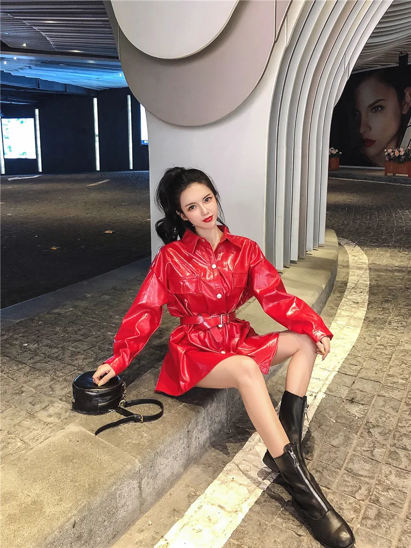 

Womens Autumn Fashion Lapel Button Front Long Leather Jacket Trench Coat A81