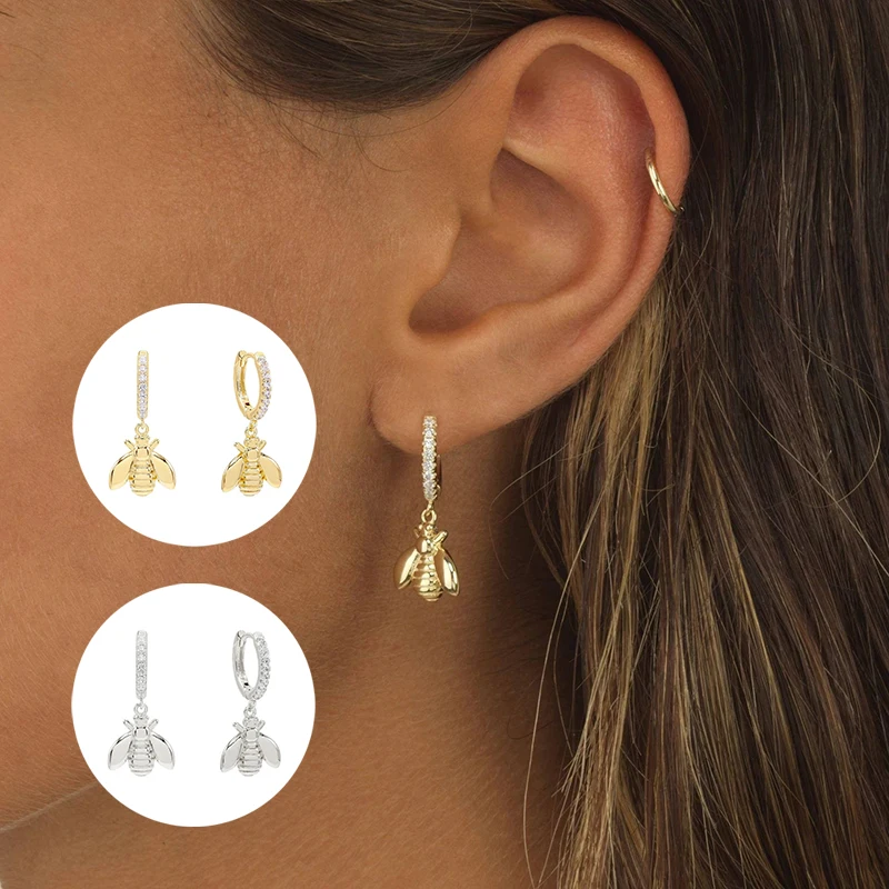 

LOOXI Silver Gold Color Zircon Round Bee Pendientes Hoop Earring for Women Cute Animal Huggie Ear Ring Jewelry Aretes 2022 Trend
