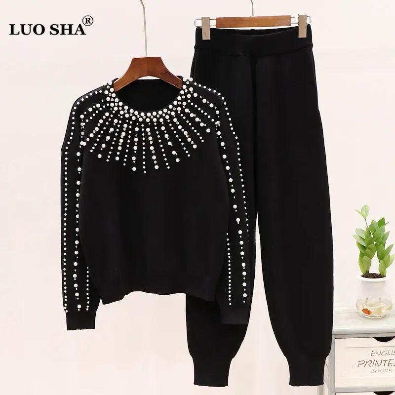 LUOSHA комплект из двух предметов женский осенне зимний теплый вязаный жемчужный