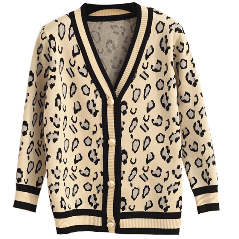 Женский кардиган вязаный свитер в Корейском стиле осенний с леопардовым принтом