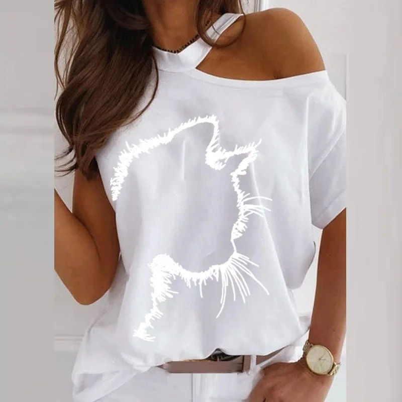 

2021 new hot sale women's summer tops cat print off-shoulder loose T-shirt women you deserve