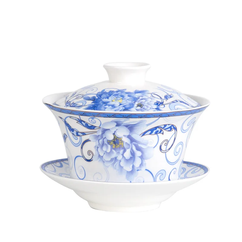 Peony 350 мл Экстра большой Sancai GaiWan Китайский Старый Пекин чайная чаша Цзиндэчжэнь синий и белый фарфор чайная чашка и блюдце набор - Цвет: Peony