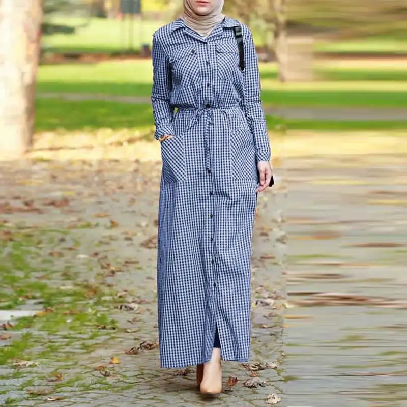 2023 Morocco Elastic Waist Shirt Dress ZANZEA Lapel Long Maxi Dress Muslim Dresses Casual Abaya Hijab Dresses Vestido 