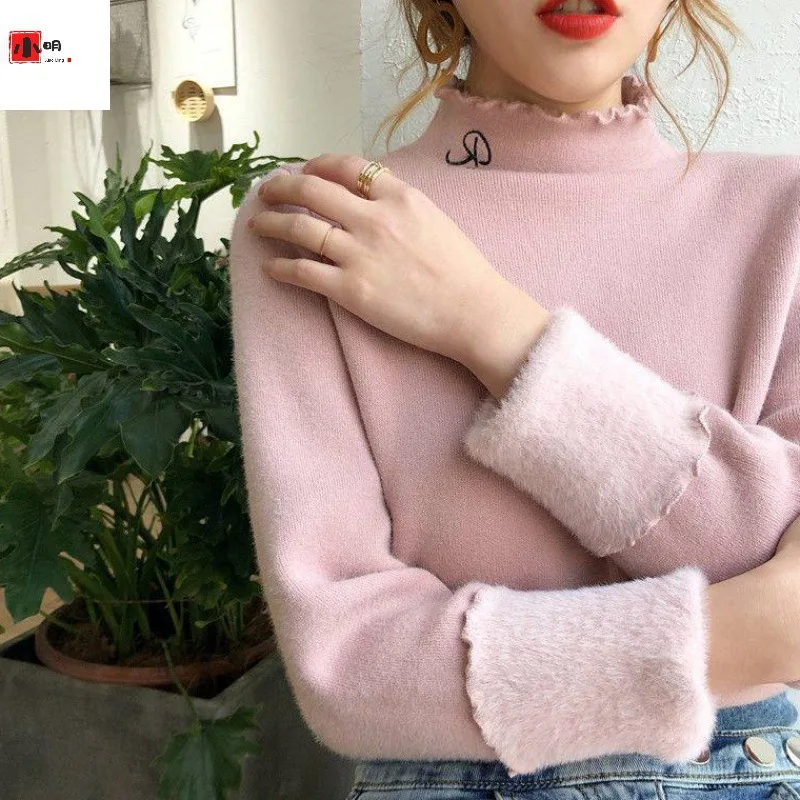 

Plus velvet thick all-match sweater women's autumn and winter new one-piece velvet half high neck embroidery inner base sweater
