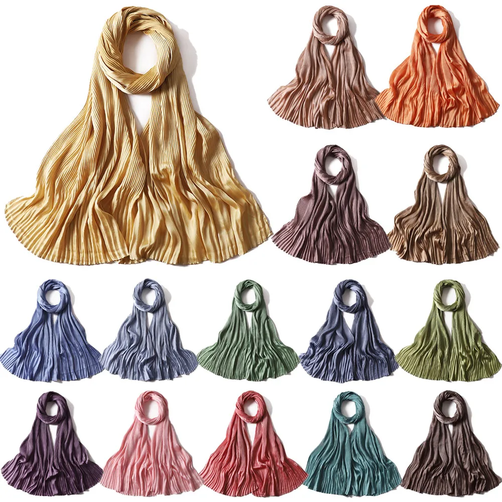 

High Quality Women Muslim Malaysia Crinkle Chiffon Scarf Islamic Shawls Headwear Long Wraps Pleated Solid Plain Hijabs Fashion