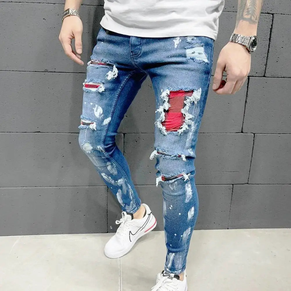 

Men's Ripped Jeans Fashion Distressed Skinny Stretch Denim Pants Neat Hand Painted Washed Worn Out Pieced Zipper Placket Trouser