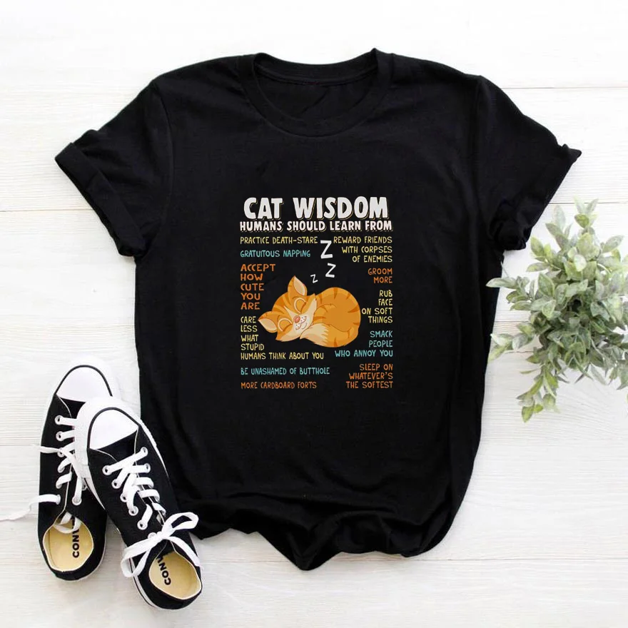 Cat Wisdom Humans Should Learn From T Shirt for Woman O-neck Short Sleeve Tee Shirt Femme Vintage White Loose Woman Tshirts