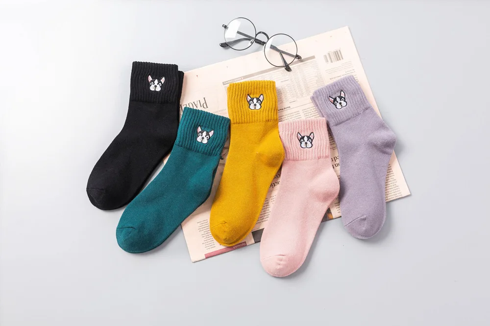 Socks for women cotton embroidery French bulldog sock ladies cartoon winter thick socks female casual kawaii sox dropshipping