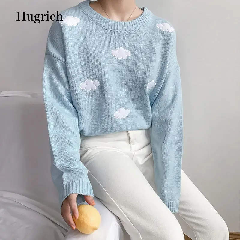 

Women Korean Style Kawaii Sweater Long Sleeve Thick Loose Harajuku Clothing Vintage Knitted Sweater Pretty Clouds