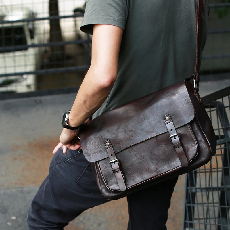 

2021 Handmade Cowleather Male Bag Top Layer Vegetable Tanned Leather Men Travel Bags Shoulder Messenger Bag