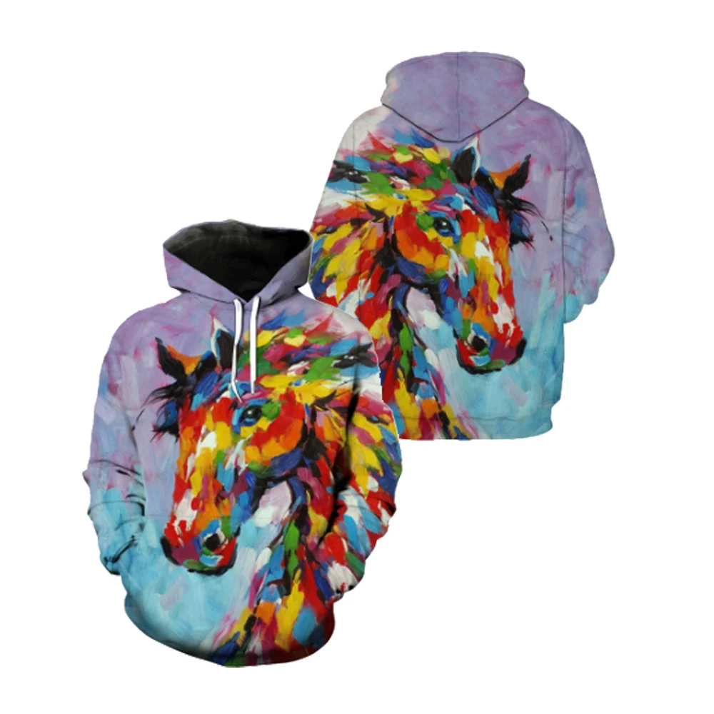 

USA Size Men's Funny 3D Hoodie Color Graffiti Horse Print Outdoor Pullover Streetwear