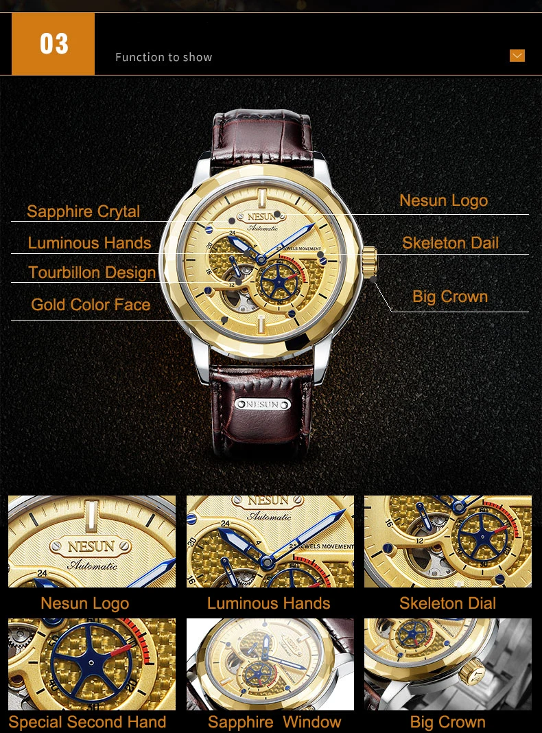 Швейцарские Топ люксовый бренд NESUN Skeleton Tourbillon часы для мужчин автоматические мужские часы 100 м водонепроницаемые спортивные часы relogio N9810-3