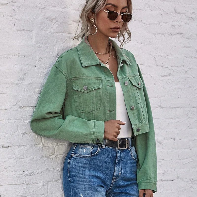 

Unua amo 2021 Harajuku Style Green Denim Jacket Women Streetwear Fashion Casual Spring Summer Cropped Jeans Coat Female