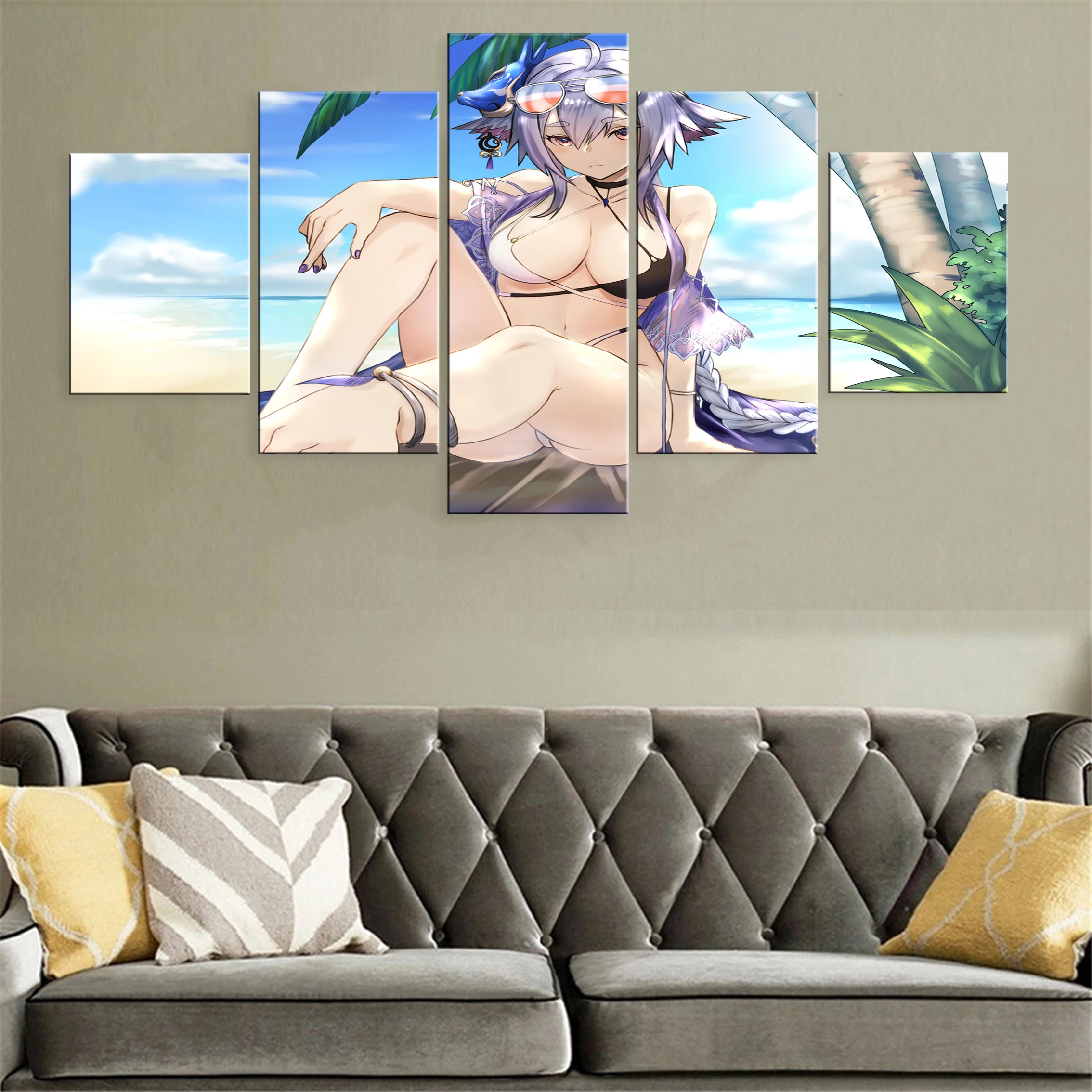 

Anime Bikini Girl 5 Piece Canvas Painting Poster Beauty Framework Wall Artwork HD Modern Modular Picture For Home Printed