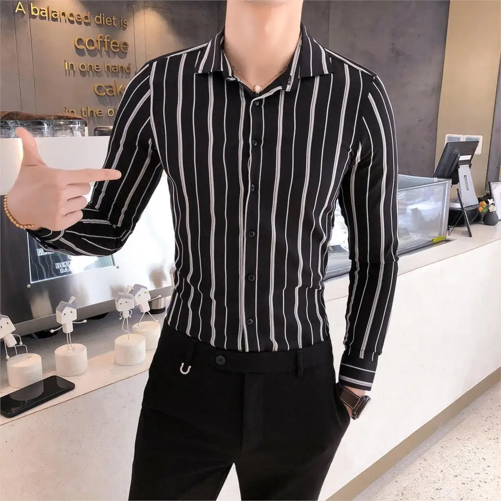 Мода 2019 Черная Мужская рубашка в полоску мужская высококачественные мужские
