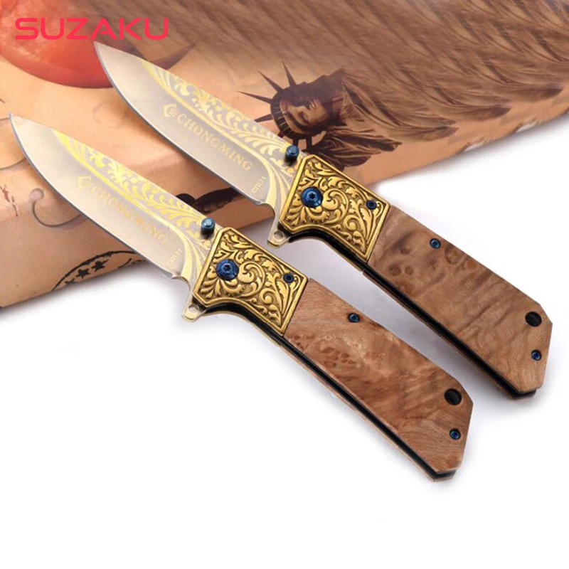 

New 8.2'' Knives 7cr18mov Blade Steel + Wood Handle Knife Folding Blade Knife Outdoor Camping Hunting Pocket Knives EDC Tools