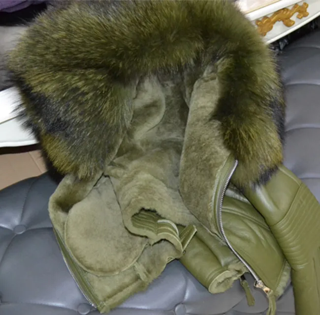 Luxury Genuine Real Large Raccoon Fur Collar Wool Lined Coat for Women Natural Sheepskin Leather Shearling Jackets Pink Green