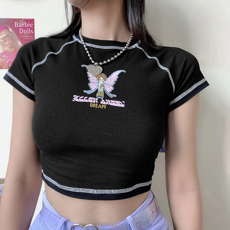 

Butterfly Graphic and Letter Printing Stitch Green Crop Tops O-neck Short Sleeve T-shirts clothes shirt vintage bf clothing tee