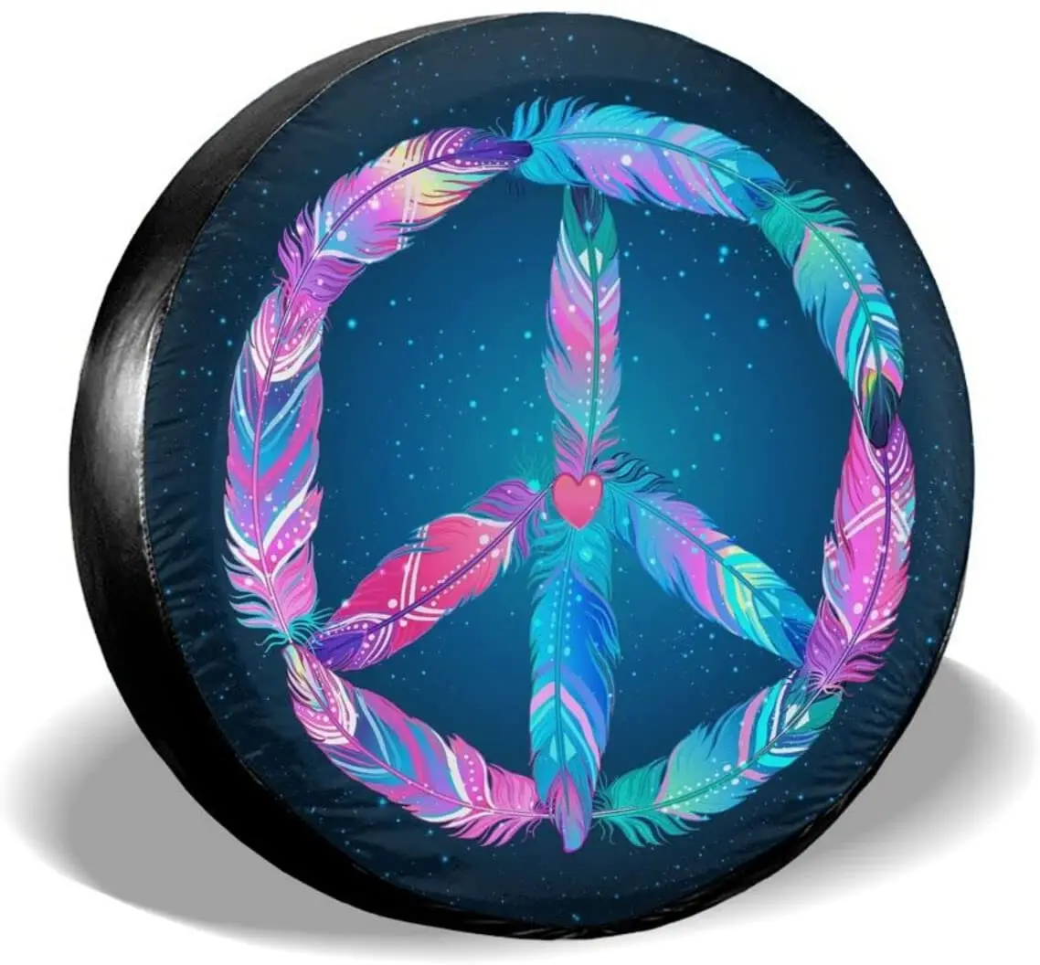 

Kanen Colored Bird Feathers Hippie Peace Sign Spare Tire Cover Universal Sunscreen Waterproof Dust-Proof Wheel Covers