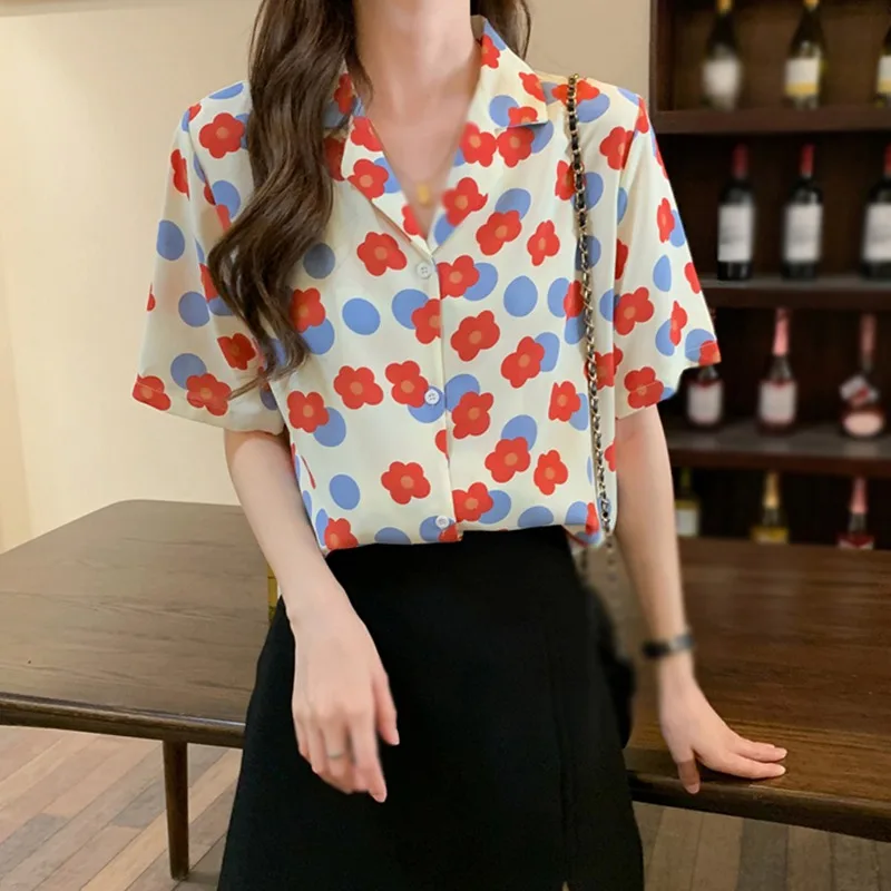 

Shirts Women Summer Kawaii Flower Print Chiffon Blouse Harajuku Vintage Cardigan Short Sleeve Floral Top Korean