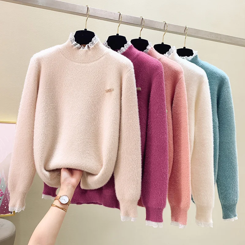 

Stitching lace fake two-piece half turtleneck sweater pullover top