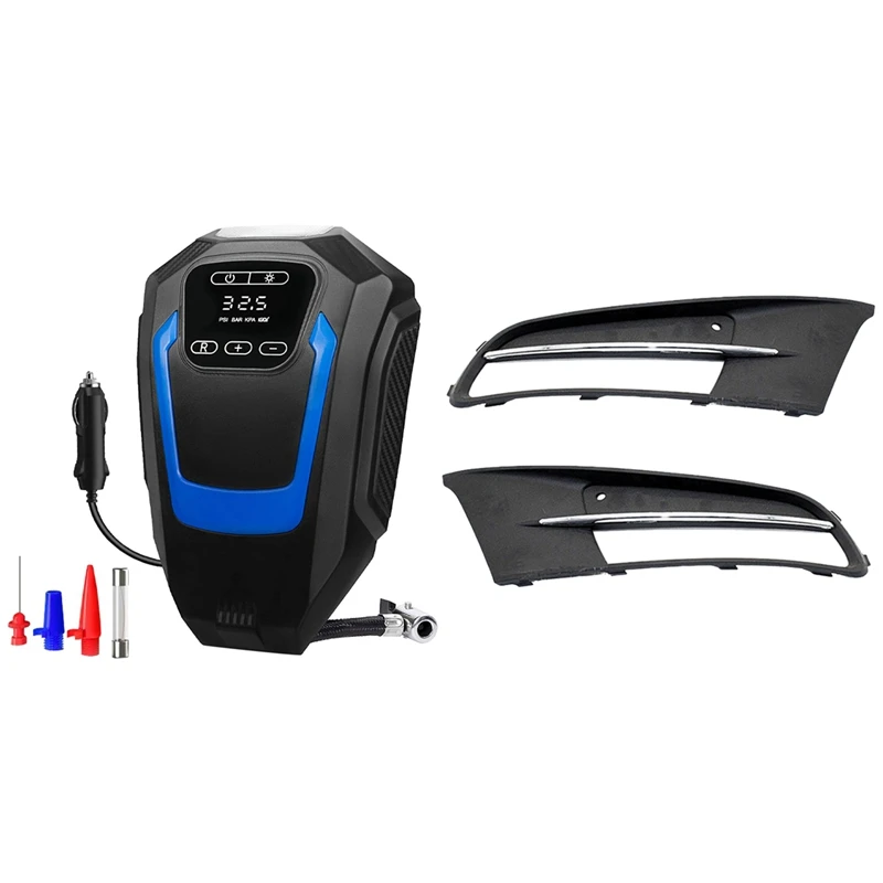 

2 Set Car Accessories: 1 Set Front Left Right Bumper Fog Light Cover Chrome Grill & 1 Set Tire Inflator Air Compressor