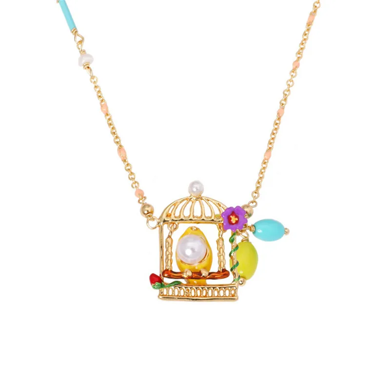 

European and American Fashion New Style Hand-painted Enamel Glaze Canary Pearl Bird Cage Necklace Short Clavicle Chain Female