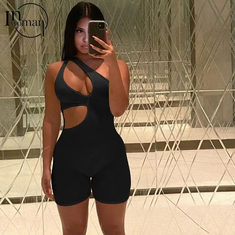 

INWOMAN New Autumn Sexy Rompers Womens Jumpsuit 2021 One Shoulder Bodycon Rompers Female Hollow Out Backless Clubwear Rompers
