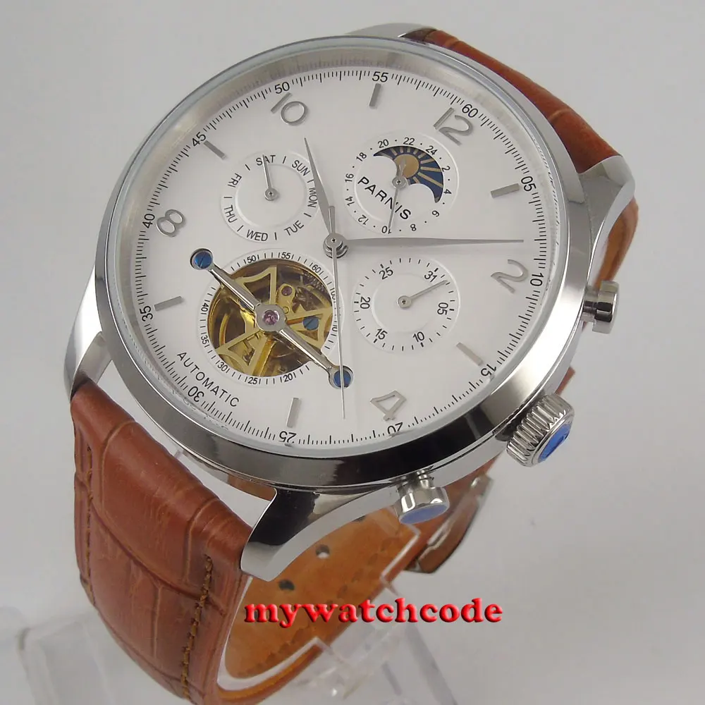 

Часы мужские механические 43 мм parnis, с белым циферблатом, с функцией недели, 24 часа, с механическим механизмом JHS35