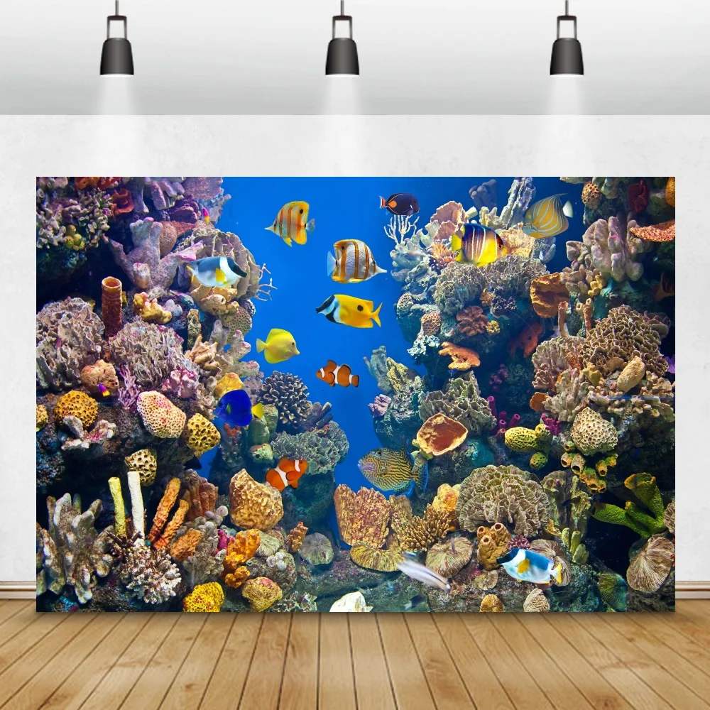 

Laeacco Underwater World Coral Marine Fish Baby Birthday Party Photo Backdrop Photographic Background Photocall For Photo Studio