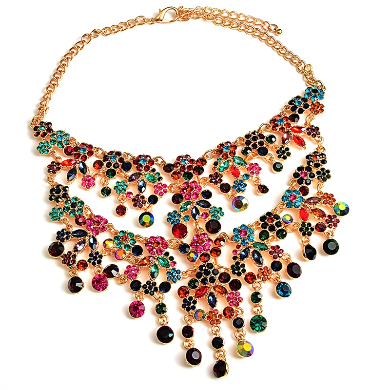 

New Arrival Statement Metal Rhinestones Necklace Accessories Handmade Fashion Colorful Crystals Necklaces Jewelry For Women