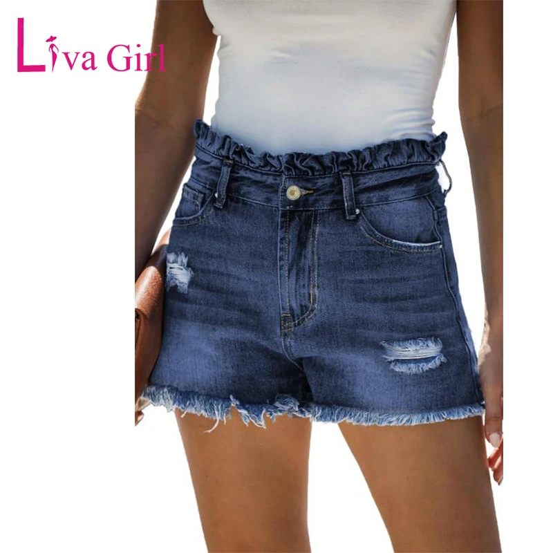 

LIVA GIRL Casual High Rise Ruffled Denim Shorts with Pockets Woman Summer Hole Hot High Waist Jeans Short Female Bottoms S-XL