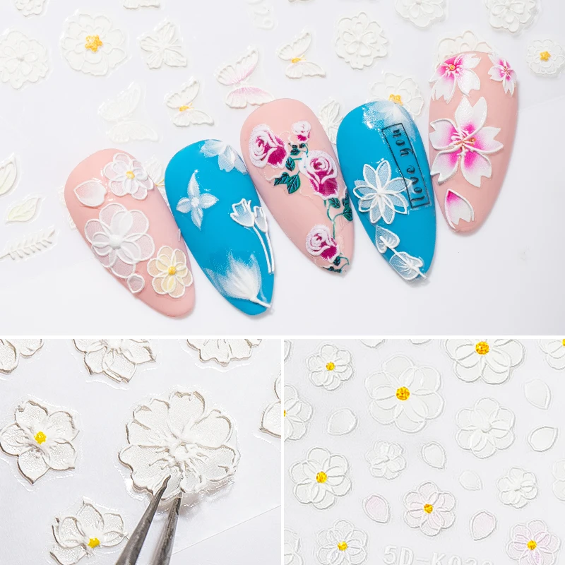 1 лист белый тисненый цветок кружева 5D наклейка свадебный дизайн ногтей