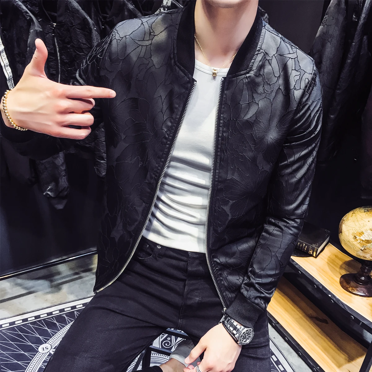 Королевский цветочный пиджак с узорами синий черный 2018 Клубная куртка бомбер в