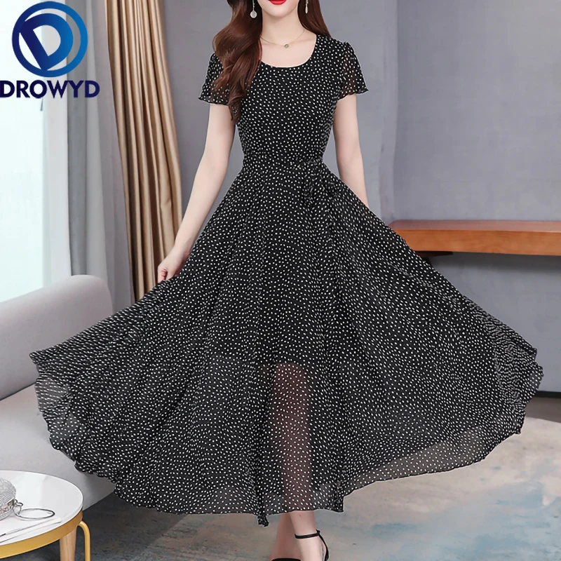 

Summer Maxi Dress Fashion Women Black Print Sexy O-neck Thin Chiffon Floral BohoTropical Party Elegant Runway Dresses Vestidos