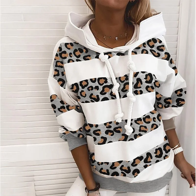 

Fashion Leopard Print Womem Sweatshirt Casual Elegant Turtleneck Drawstring Hooded Pullover Top Autumn Loose Warm Ladies Blouse