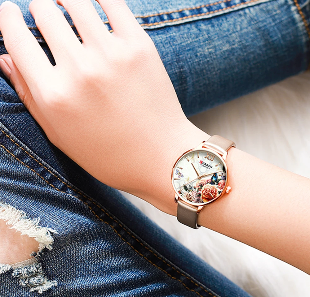 

Часы CURREN с красивым цветочным дизайном, женские модные повседневные наручные часы с кожаным ремешком, женские часы, женские кварцевые часы