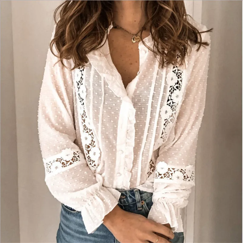 Women Elegant Ruffle Blouses Hollow Out Crochet Flower Dots Lantern Sleeve Shirts Tops