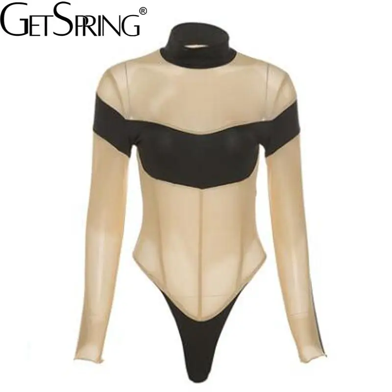 

GetSpring Women Bodysuits Perspective Patchwork Stand Collar Full Sleeve Sexy Ladies Tops Slim Thin All Match Bottoming Autumn