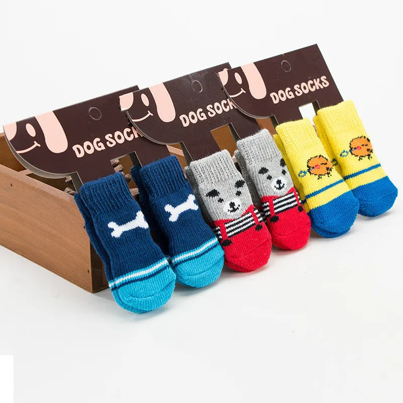 

4Pcs Soft Pet Knits Socks Warm Puppy Dog Shoes Cute Cartoon Anti Slip Skid Socks for Small Dogs Wear Slip On Paw Protector 2021
