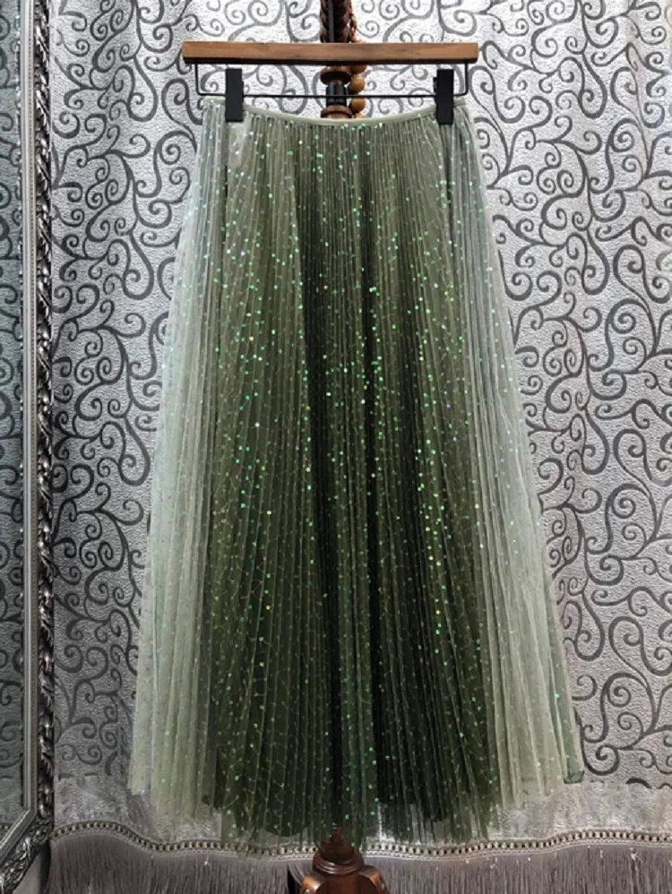 

Skirts 2021 Sequined Summer High Quality Women Shine Sequin Deco Mid-Calf Length Pleated Skirt Ladies Casual Club Skirts Green