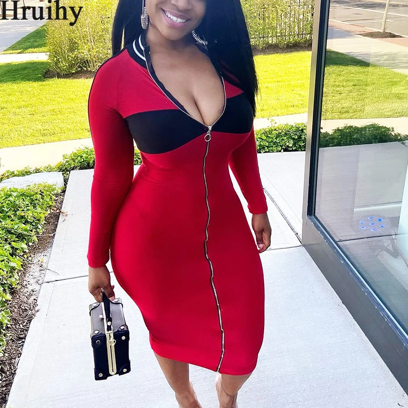 

New Dresses for Women Colorblock Front Zipper Design Dresses Long Sleeve Office Streetwear Party Club Bodycon Dress Femme