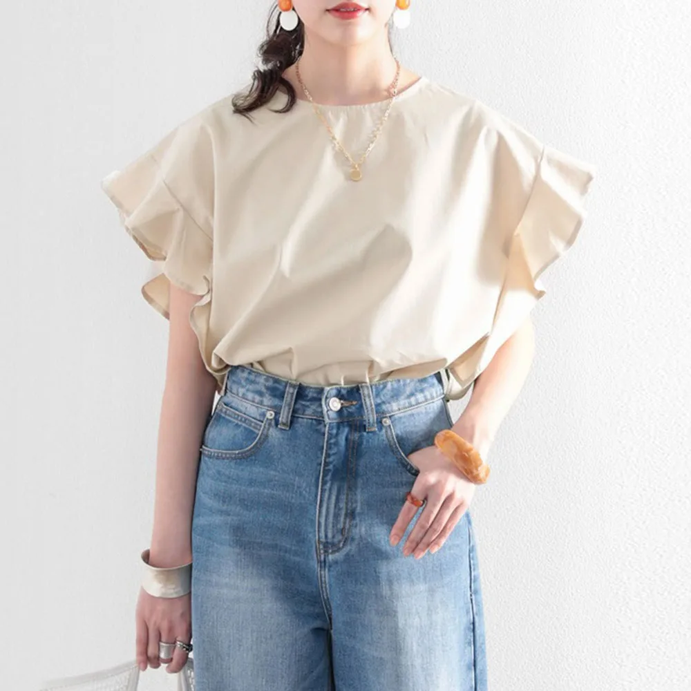 Женская блузка с оборками повседневная однотонная Свободная круглым вырезом в
