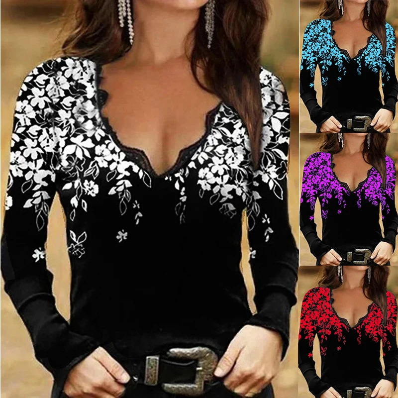 

2021 Autumn New Women Sexy Lace V Neck Shirts Tops Floral Print Long-Sleeve T-Shirt Fashion Ladies Casual Loose Street Clothing