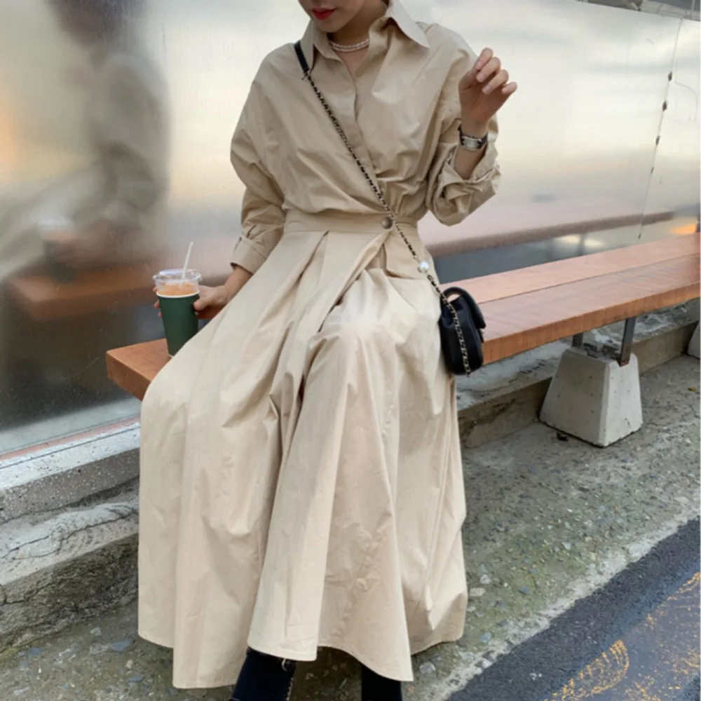 

Chic Shirt Dress Long Vintage Korean Solid High Waist Button Pleated Fashion Office Lady Casual Sweet Maxi Dresses 2021 Summer