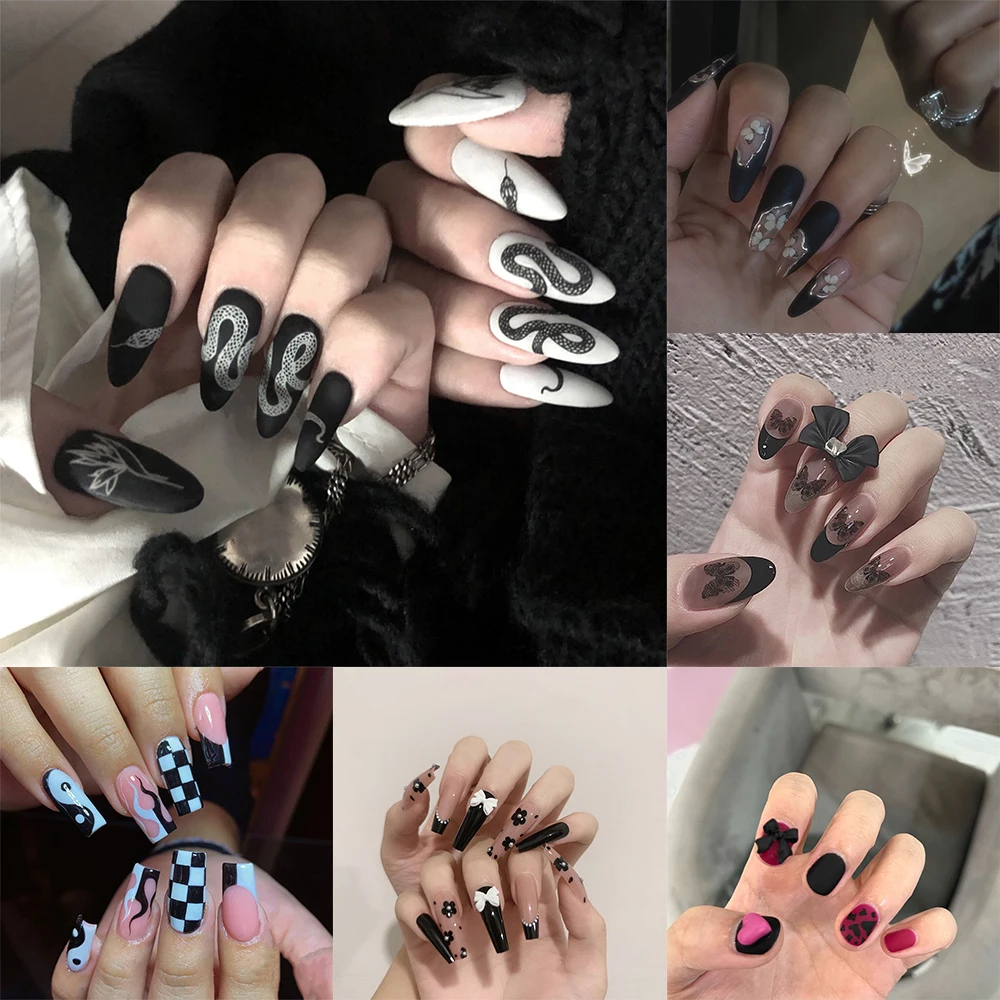 

24Pcs Black Color Fake Nails Matching Bowknot Nail Patch Stiletto French Ballerina Geometry Full Cover Nail Tip