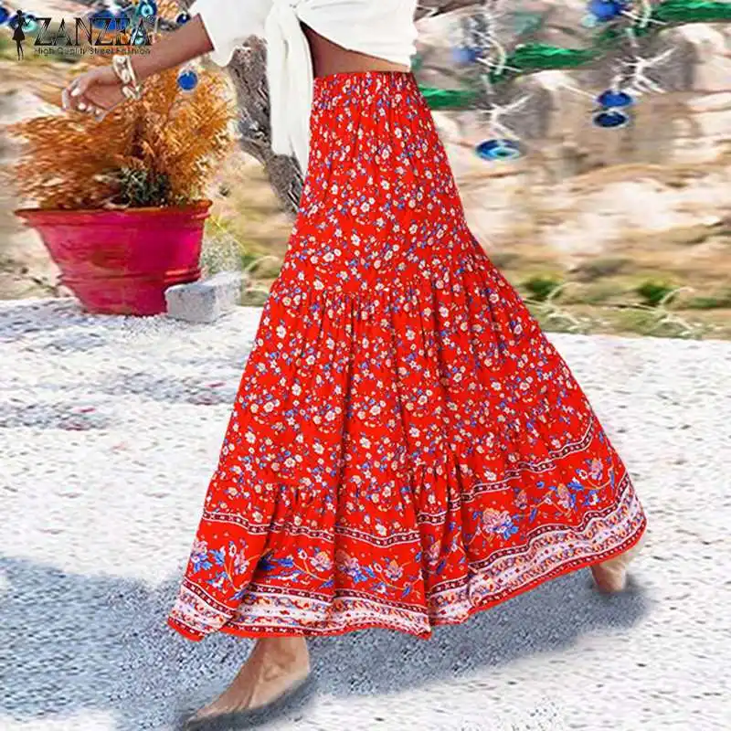 

Женские летние богемные платья ZANZEA с эластичным поясом, винтажные цветочные юбки 2021, пляжные праздничные длинные платья, юбки
