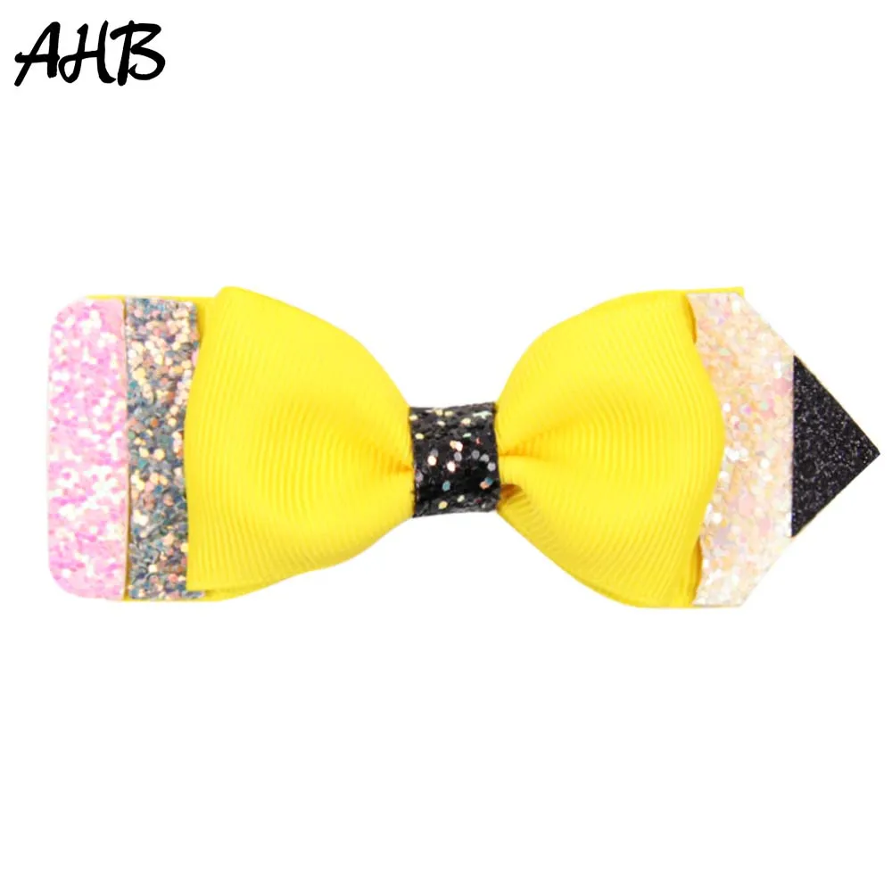 AHB милые 4 ''назад в школу Твердые банты для волос заколки девочек Блестящий