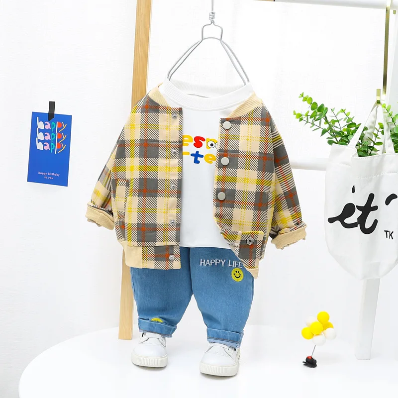 

Комплект повседневной одежды для маленьких мальчиков, клетчатые брюки с длинным рукавом и круглым вырезом, с мультяшным рисунком, модная де...